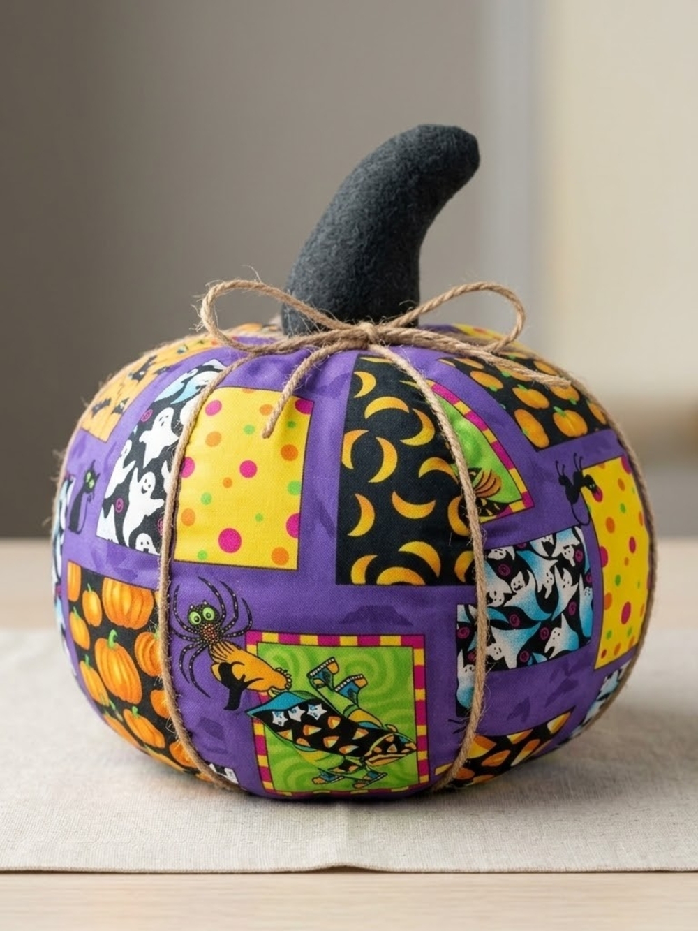 Handmade Patchwork Halloween Plush Pumpkin — Spooky Tabletop Decor